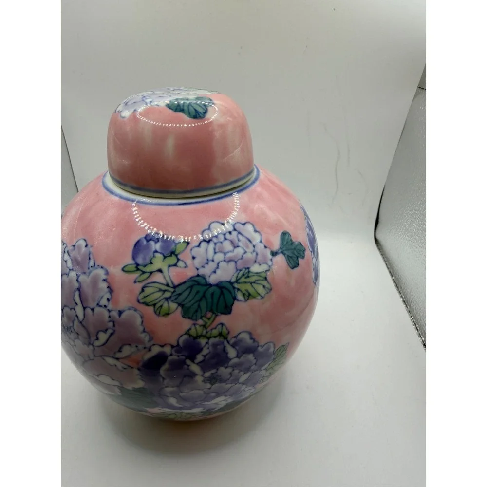 Vintage Pink Ceramic Ginger Jar with Purple Floral Peony Design and Lid 7 Inch